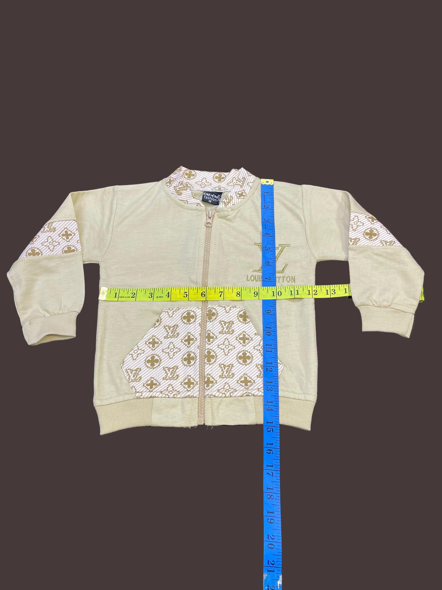 Kids Zip-Up Sweatshirt – Beige Monogram-Style Jacket 3Pc