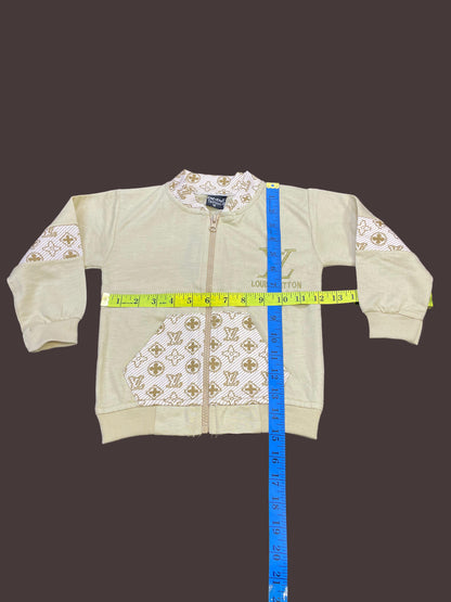 Kids Zip-Up Sweatshirt – Beige Monogram-Style Jacket 3Pc