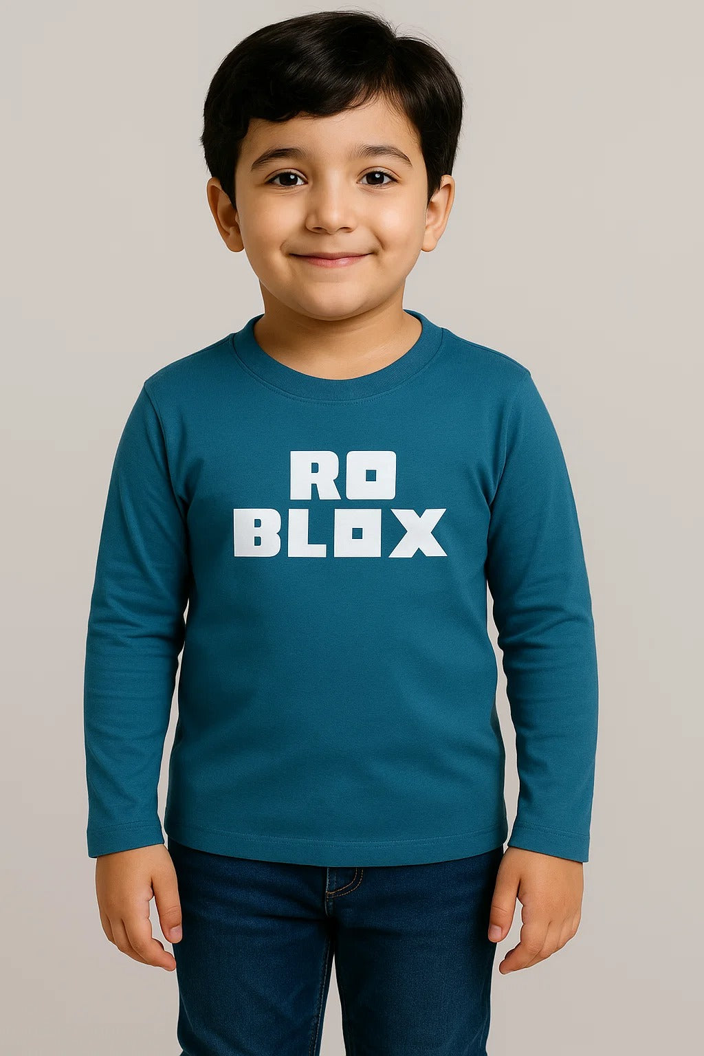 Kids Winter Long-Sleeve Tee – Teal “ROBLOX” Print  | Soft, Warm & Colorfast