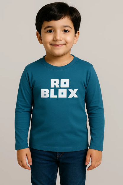 Kids Winter Long-Sleeve Tee – Teal “ROBLOX” Print  | Soft, Warm & Colorfast