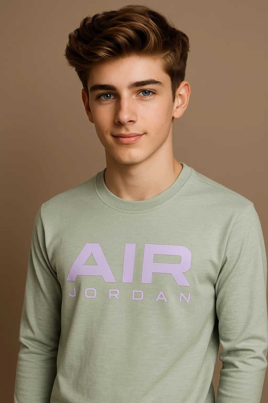 Kids Winter Long-Sleeve Tee – Sage Green “AIR” Print  | Warm & Comfy