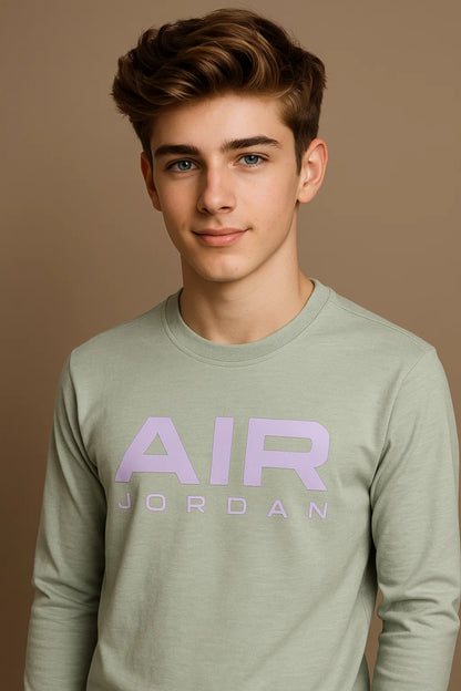 Kids Winter Long-Sleeve Tee – Sage Green “AIR” Print  | Warm & Comfy