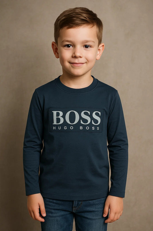 Kids Winter Long-Sleeve Tee – Black “Boss” Print  | Warm & Comfy