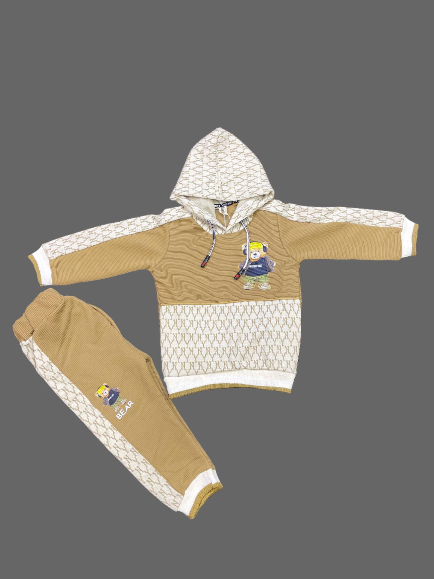 Kids Winter Hoodie – Beige Pattern Bear Graphic