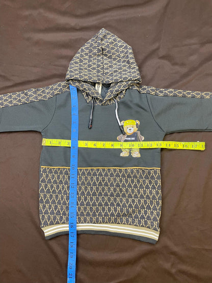 Kids Winter Hoodie – Army Green Bear Graphic with Patterned Hood Gray Color