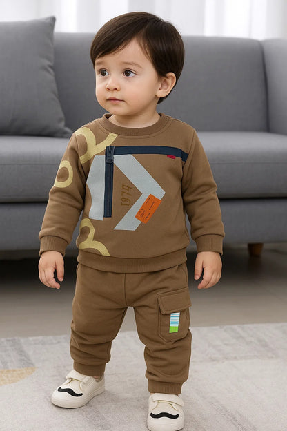 Kids Winter Sweatshirt – Coffee Brown Graphic Crew (1974 Print) 2Pc