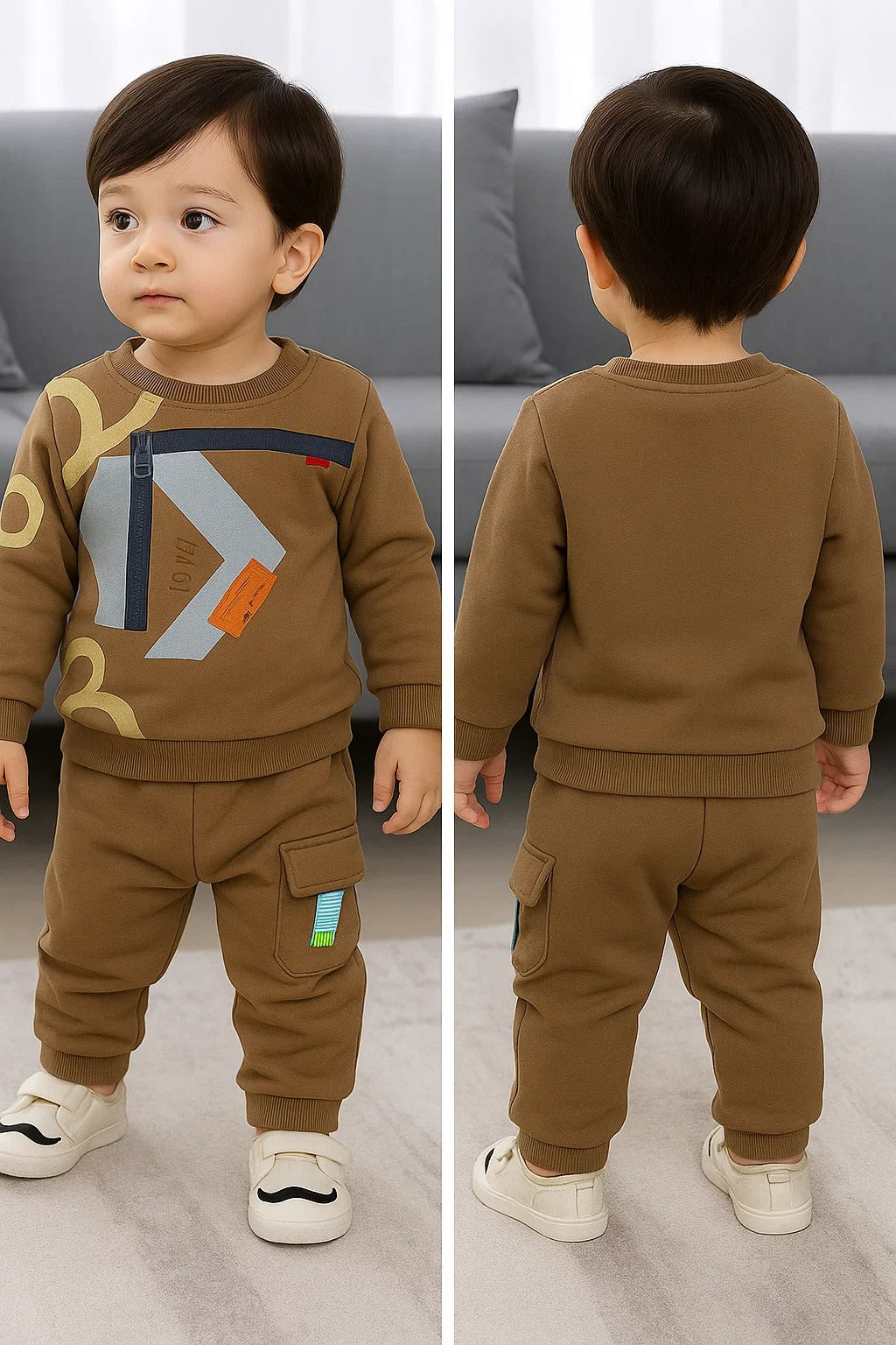 Kids Winter Sweatshirt – Coffee Brown Graphic Crew (1974 Print) 2Pc