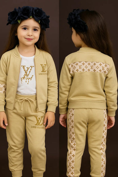 Kids Zip-Up Sweatshirt – Beige Monogram-Style Jacket 3Pc