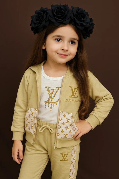 Kids Zip-Up Sweatshirt – Beige Monogram-Style Jacket 3Pc