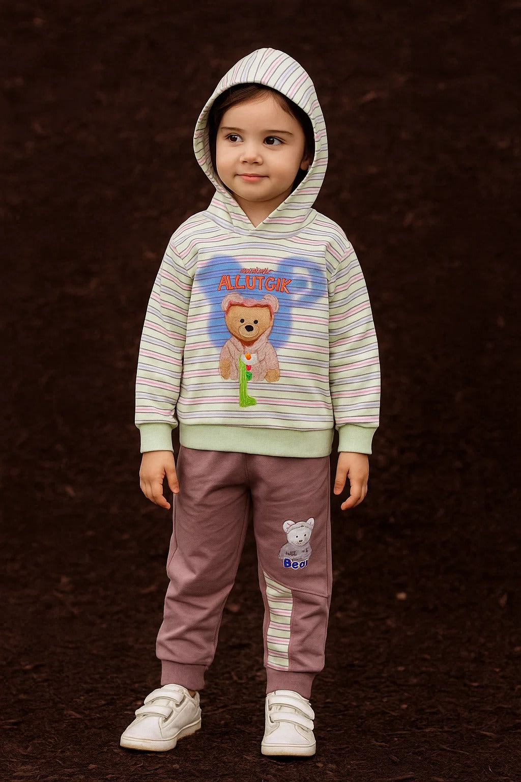 Kids Winter Hoodie – Striped Teddy Hoodie (Light Pista  Multi)