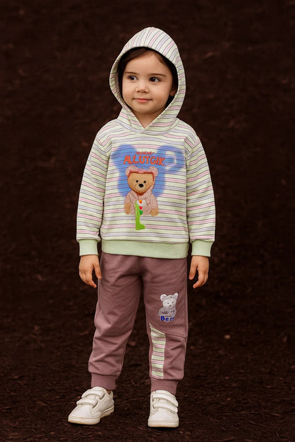Kids Winter Hoodie – Striped Teddy Hoodie (Light Pista  Multi)
