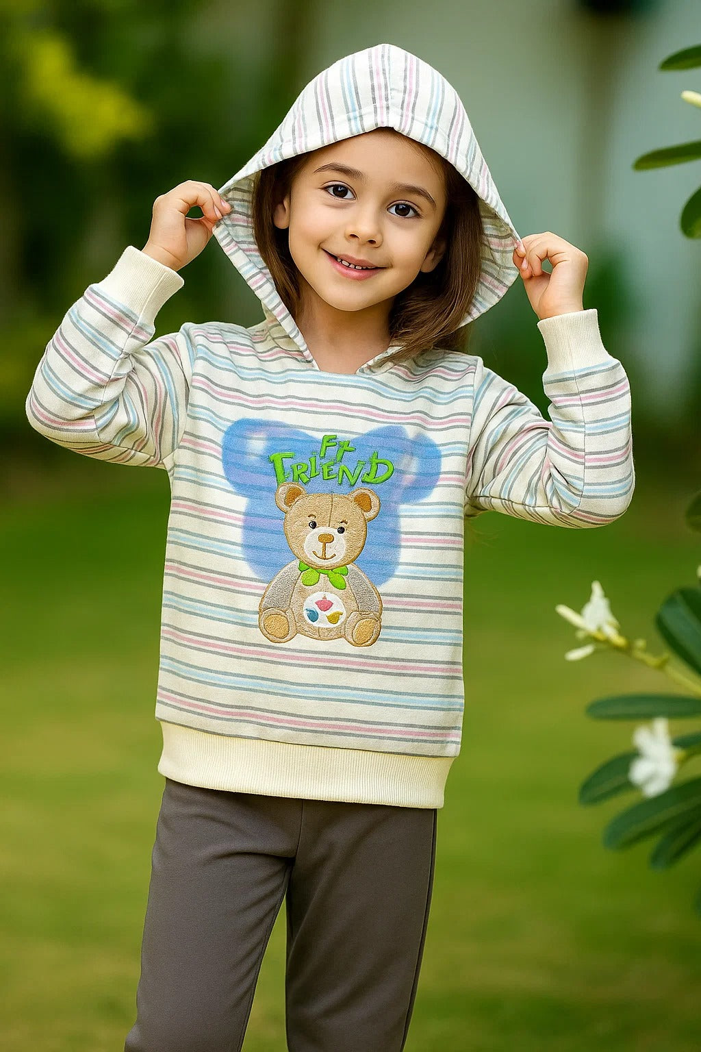Kids Winter Hoodie – Striped Teddy Hoodie (Light Peach  Multi)