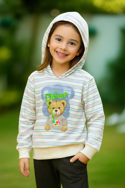 Kids Winter Hoodie – Striped Teddy Hoodie (Light Peach  Multi)