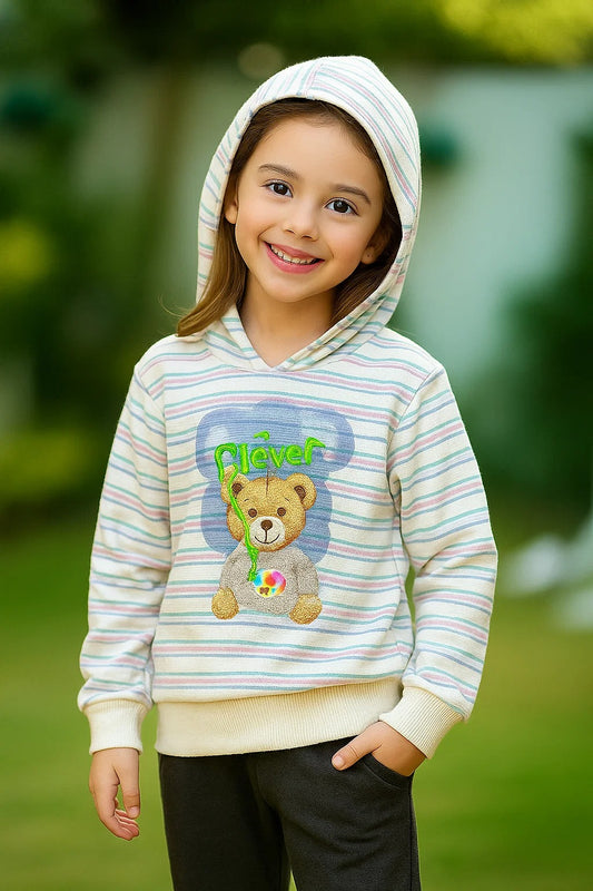 Kids Winter Hoodie – Striped Teddy Hoodie (Light Peach  Multi)