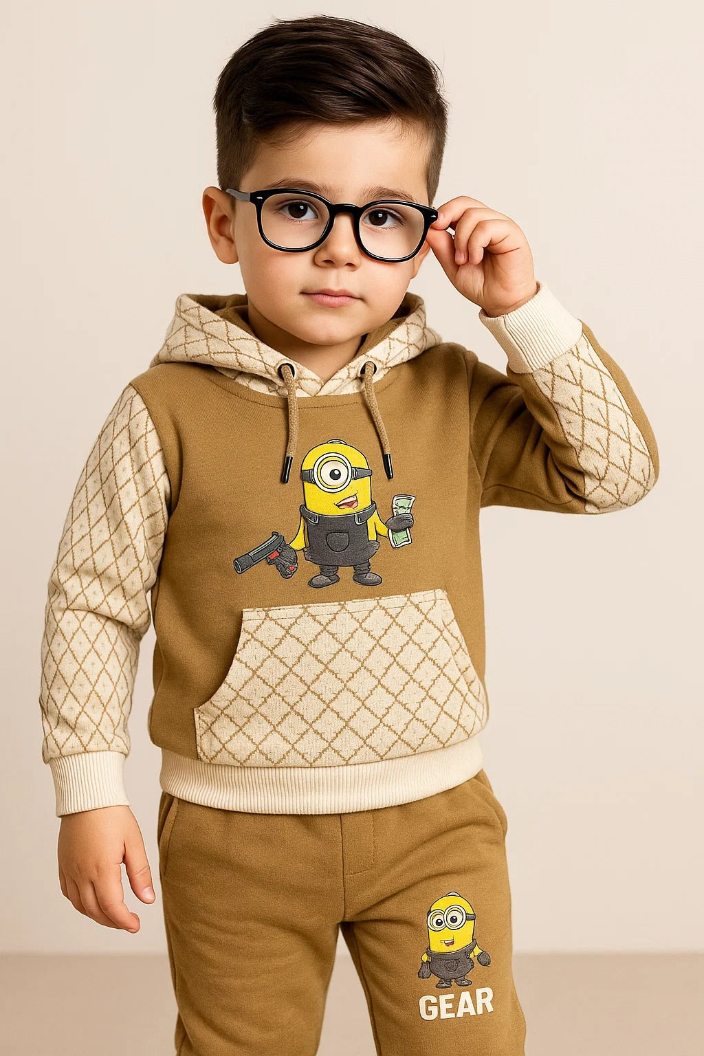 Kids Winter Hoodie – Beige Pattern Bear Graphic