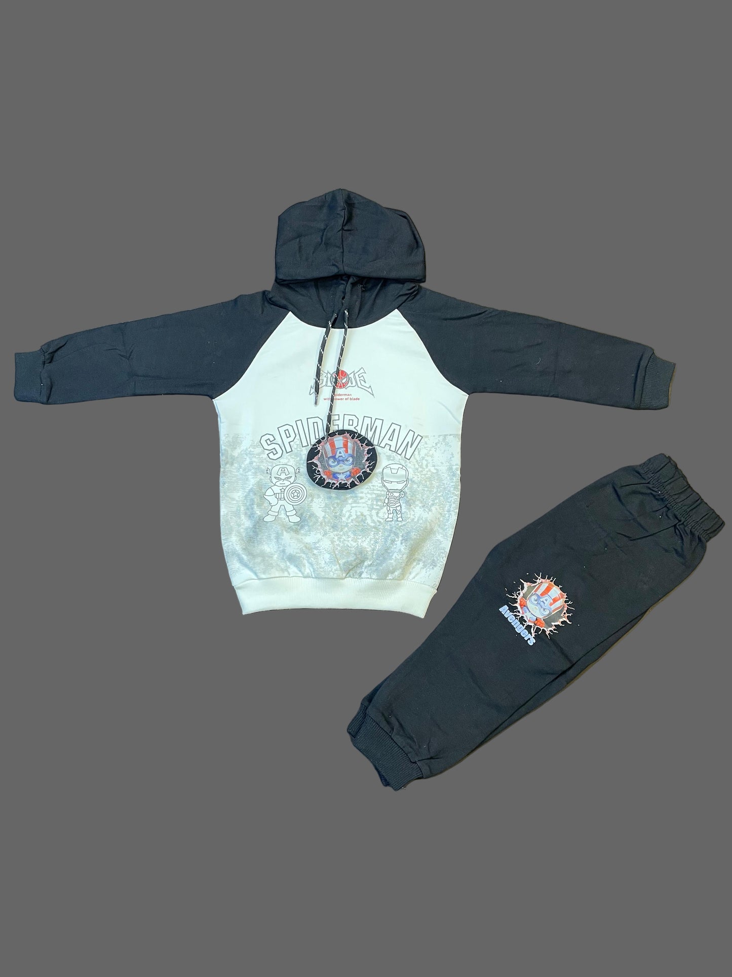 Kids Winter Hoodie – Black & White Spider Hero Graphic 2pc