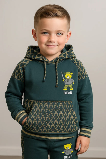 Kids Winter Hoodie – Army Green Bear Graphic with Patterned Hood Gray Color