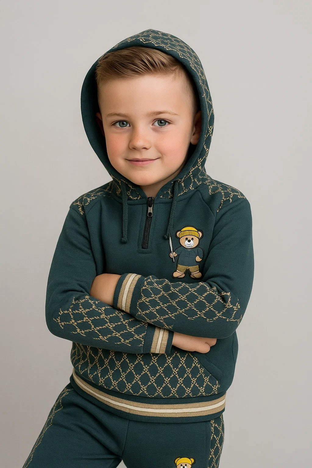 Kids Winter Hoodie – Army Green Bear Graphic with Patterned Hood Gray Color