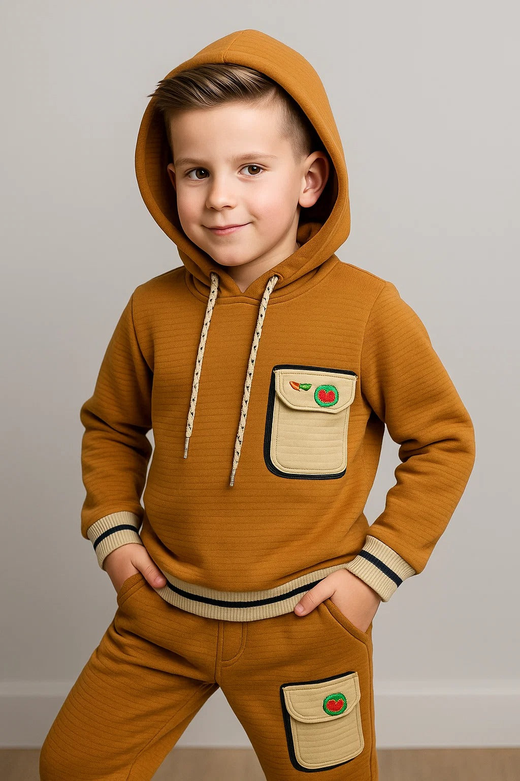 Kids Winter Hoodie – Caramel Patch-Pocket Sweatshirt 2Pc