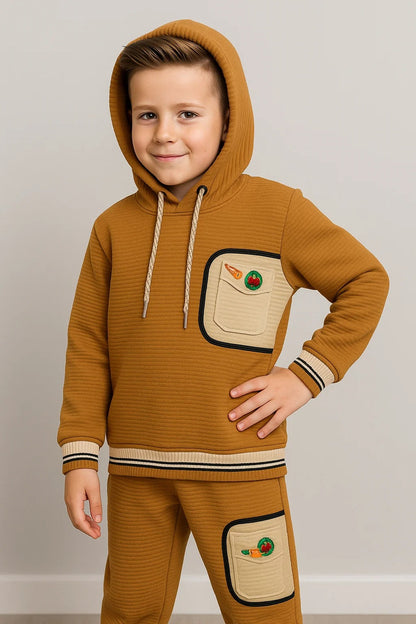 Kids Winter Hoodie – Caramel Patch-Pocket Sweatshirt 2Pc