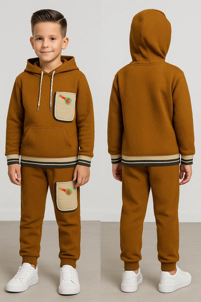 Kids Winter Hoodie – Caramel Patch-Pocket Sweatshirt 2Pc