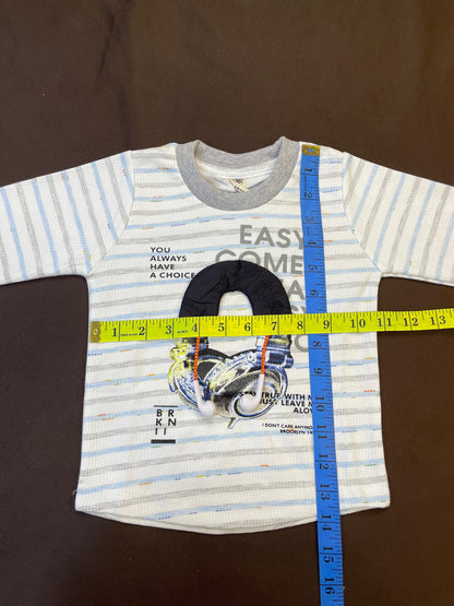 Boys 2-Piece Striped Tee  Set – “EASY COMES” 3D Earphone Appliqué