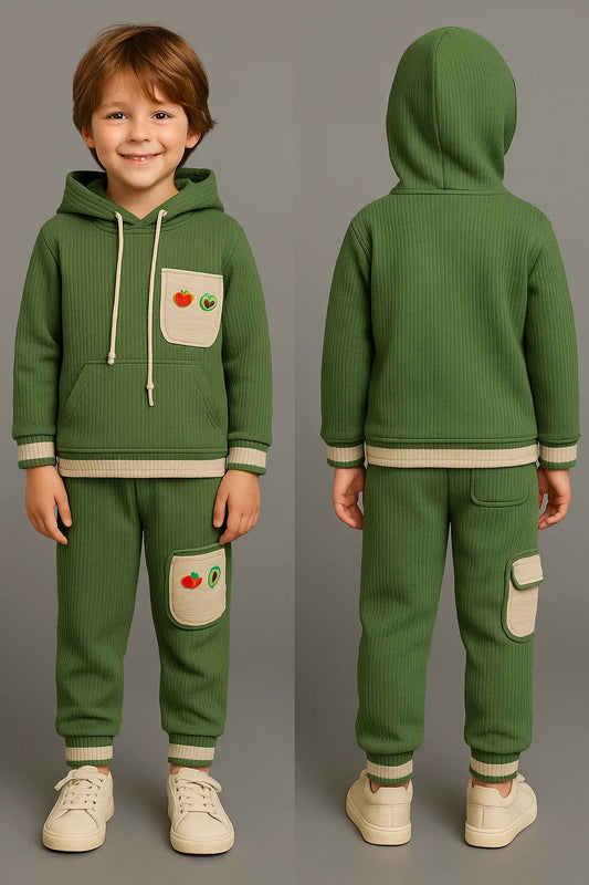 Kids Winter Hoodie – Olive Green Patch-Pocket Sweatshirt