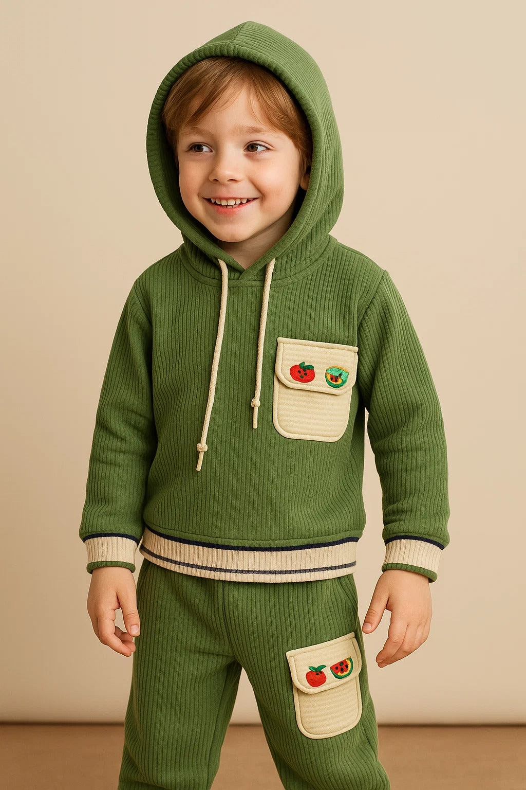 Kids Winter Hoodie – Olive Green Patch-Pocket Sweatshirt