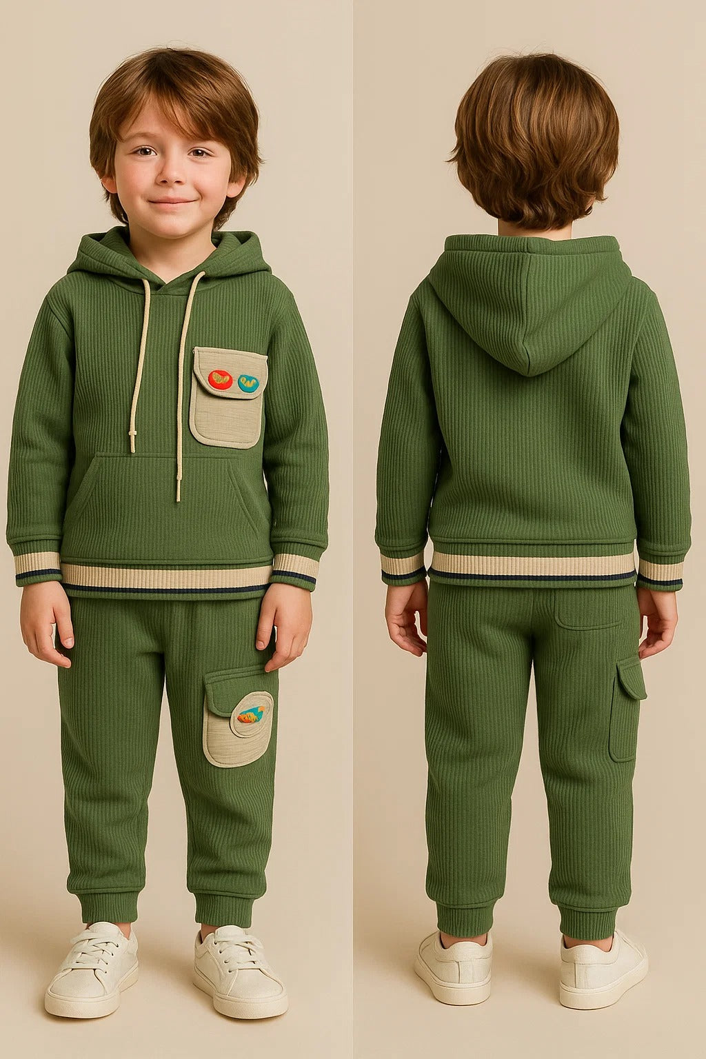 Kids Winter Hoodie – Olive Green Patch-Pocket Sweatshirt