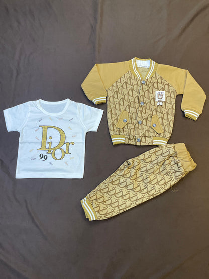 Boys Mustard Monogram Bomber Set (3-Piece: Jacket Shirt & Short)