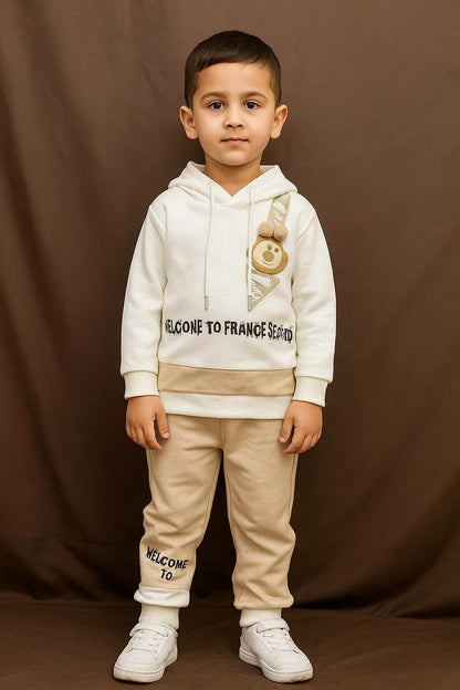 Kids Winter Hoodie – White Teddy Strap Patch Sweatshirt 2Pc