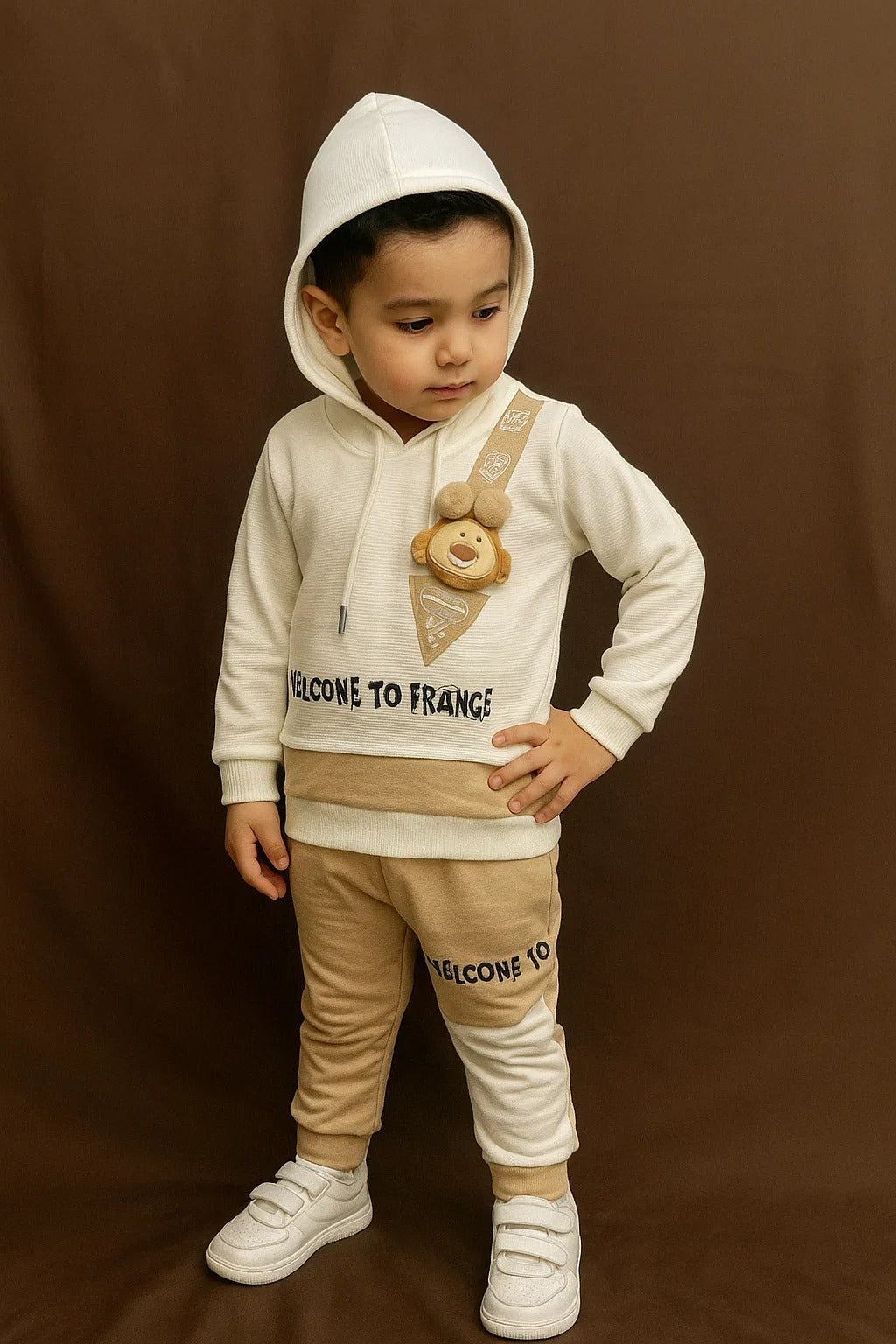 Kids Winter Hoodie – White Teddy Strap Patch Sweatshirt 2Pc