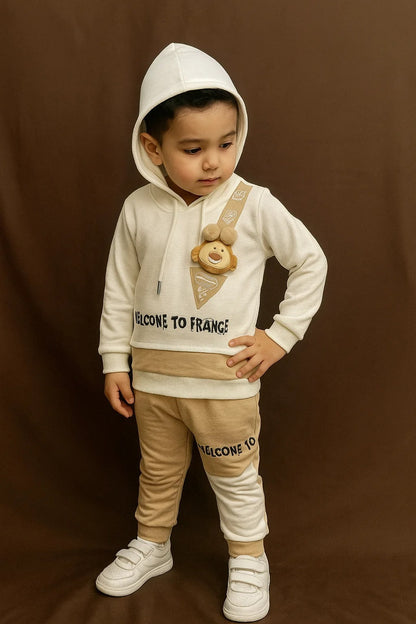 Kids Winter Hoodie – White Teddy Strap Patch Sweatshirt 2Pc