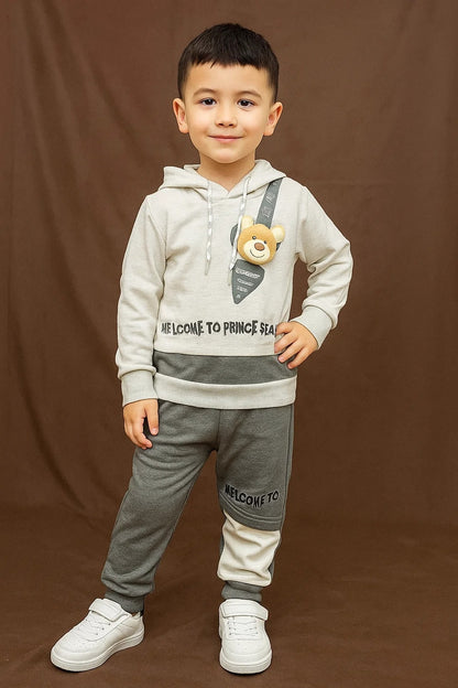 Kids Winter Hoodie – Grey Teddy Patch Sweatshirt 2Pc