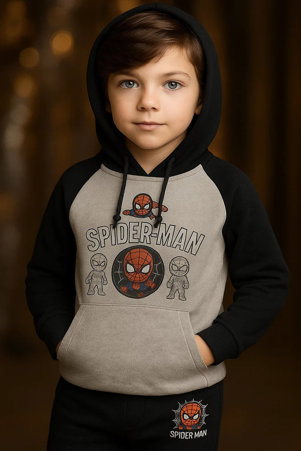 Kids Winter Hoodie – Black & White Spider Hero Graphic 2pc