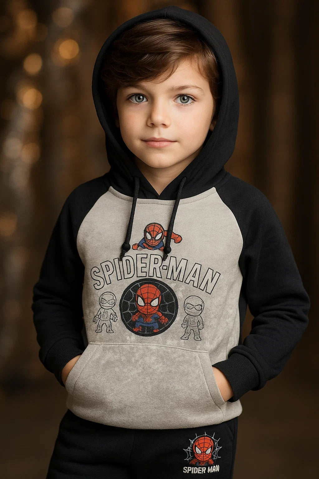 Kids Winter Hoodie – Black & White Spider Hero Graphic 2pc