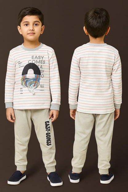 Boys 2-Piece Striped Tee  Set – “EASY COMES” 3D Earphone Appliqué