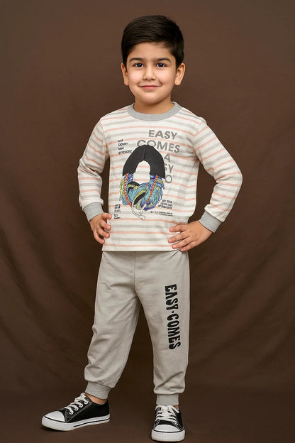 Boys 2-Piece Striped Tee  Set – “EASY COMES” 3D Earphone Appliqué