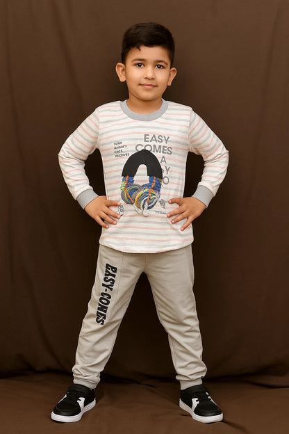 Boys 2-Piece Striped Tee  Set – “EASY COMES” 3D Earphone Appliqué