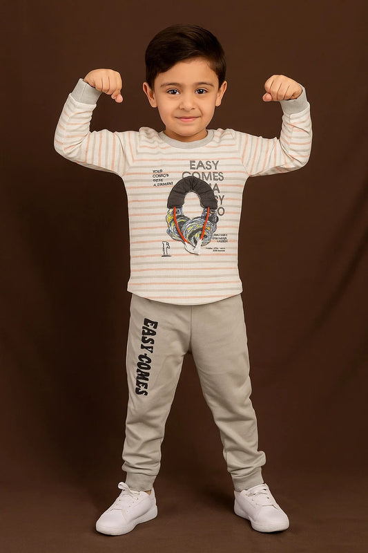 Boys 2-Piece Striped Tee  Set – “EASY COMES” 3D Earphone Appliqué