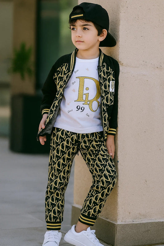 Boys Black & Gold Monogram Bomber Set (3 Pcs)