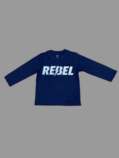 Kids Winter Long-Sleeve Tee – Navy “REBEL” Print | Warm & Comfy