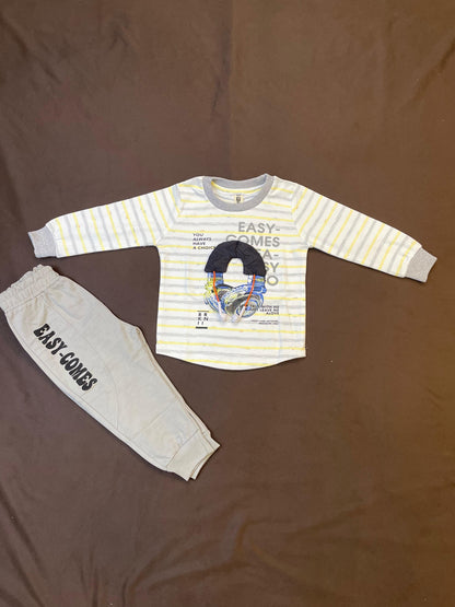 Boys 2-Piece Striped Tee  Set – “EASY COMES” 3D Earphone Appliqué