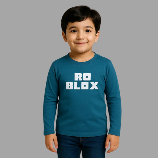 Kids Winter Long-Sleeve Tee – Teal “ROBLOX” Print  | Soft, Warm & Colorfast