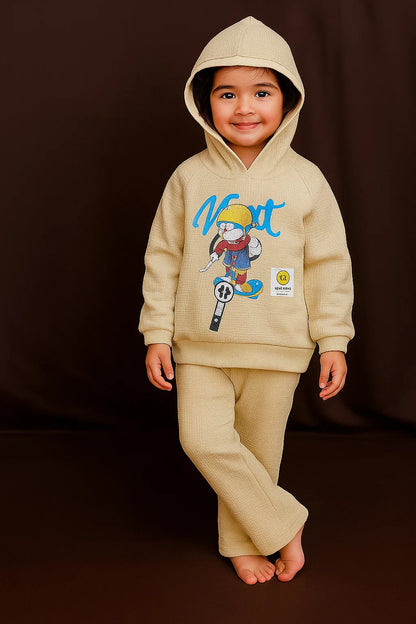 Kids Waffle Hoodie  Set – Light Khaki | 2 Pcs for Boys & Girls