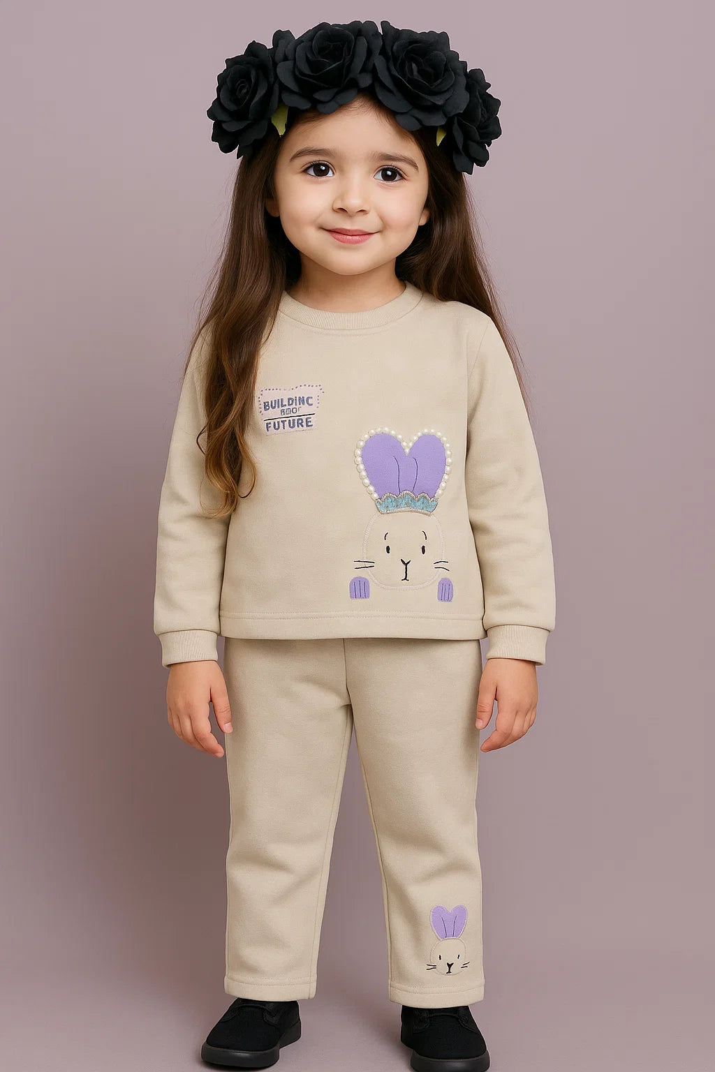 Girls Beige Bunny Hoodie Set – Winter Collection