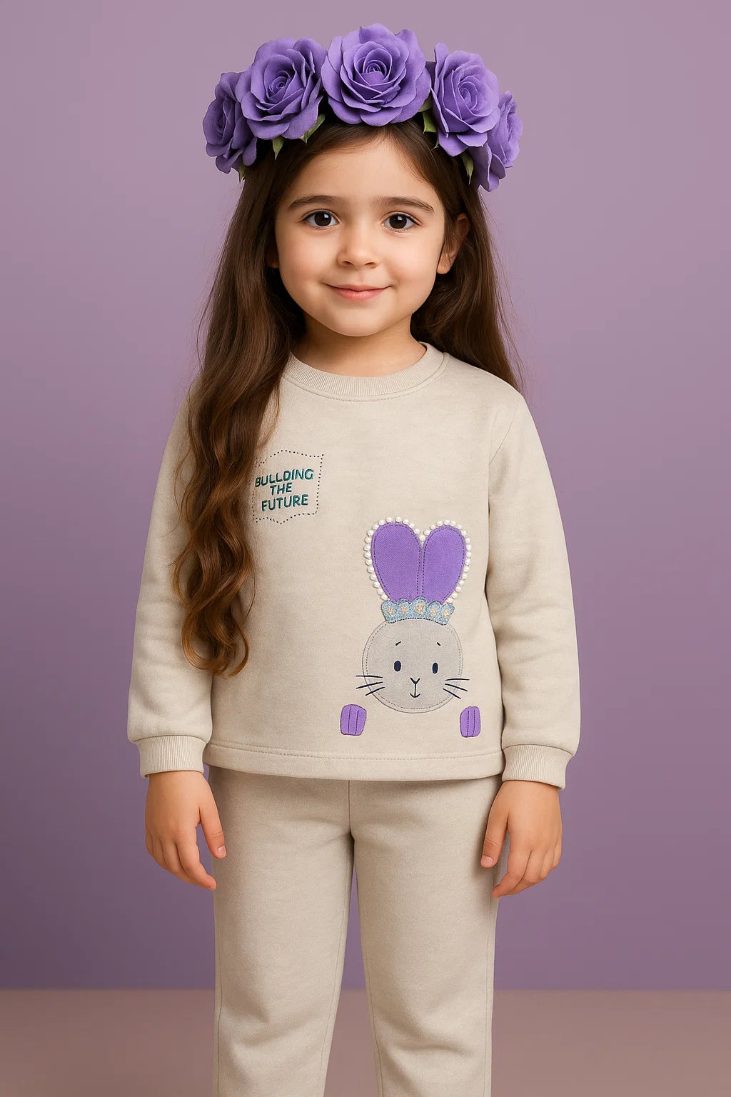 Girls Beige Bunny Hoodie Set – Winter Collection