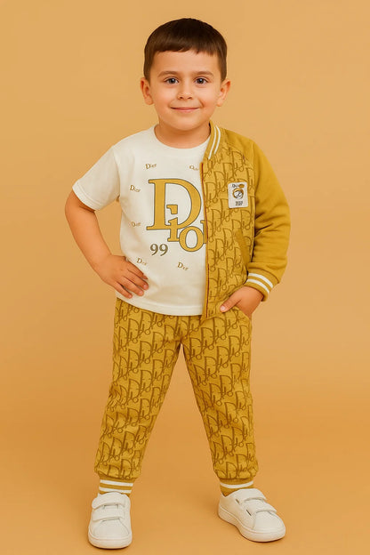 Boys Mustard Monogram Bomber Set (3-Piece: Jacket Shirt & Short)