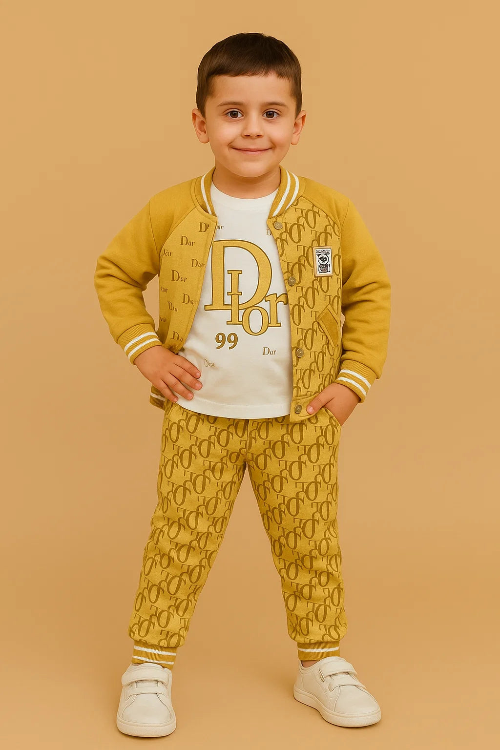 Boys Mustard Monogram Bomber Set (3-Piece: Jacket Shirt & Short)
