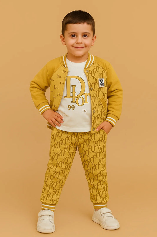 Boys Mustard Monogram Bomber Set (3-Piece: Jacket Shirt & Short)